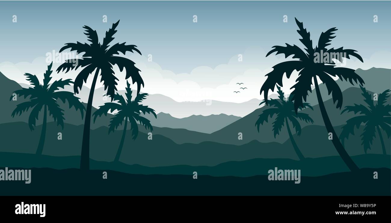 Schönen Palme silhouette Berglandschaft in grünen Farben Vektor-illustration EPS 10. Stock Vektor