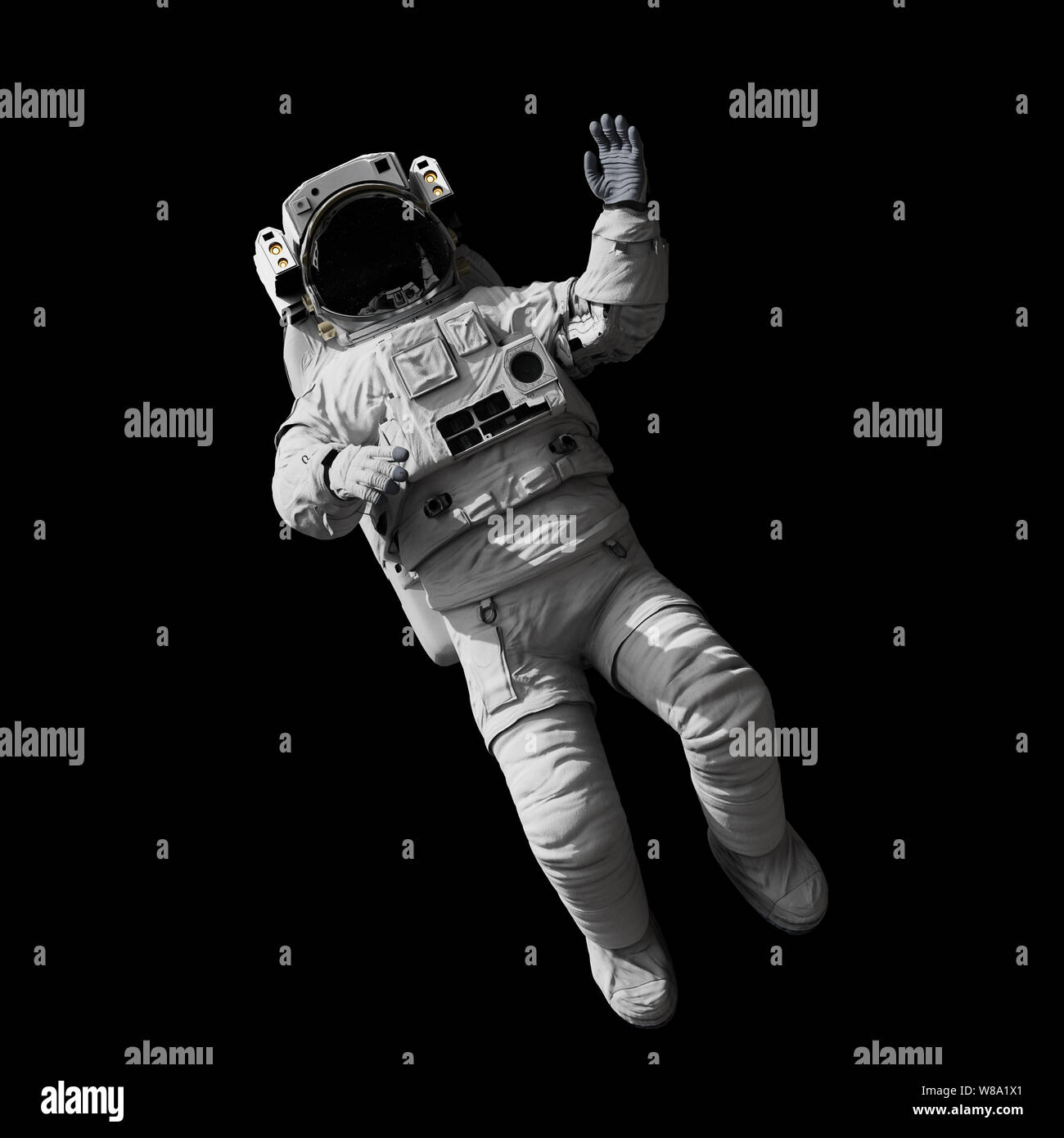 Astronaut im Weltraum schweben, auf schwarzem Hintergrund Stockfoto