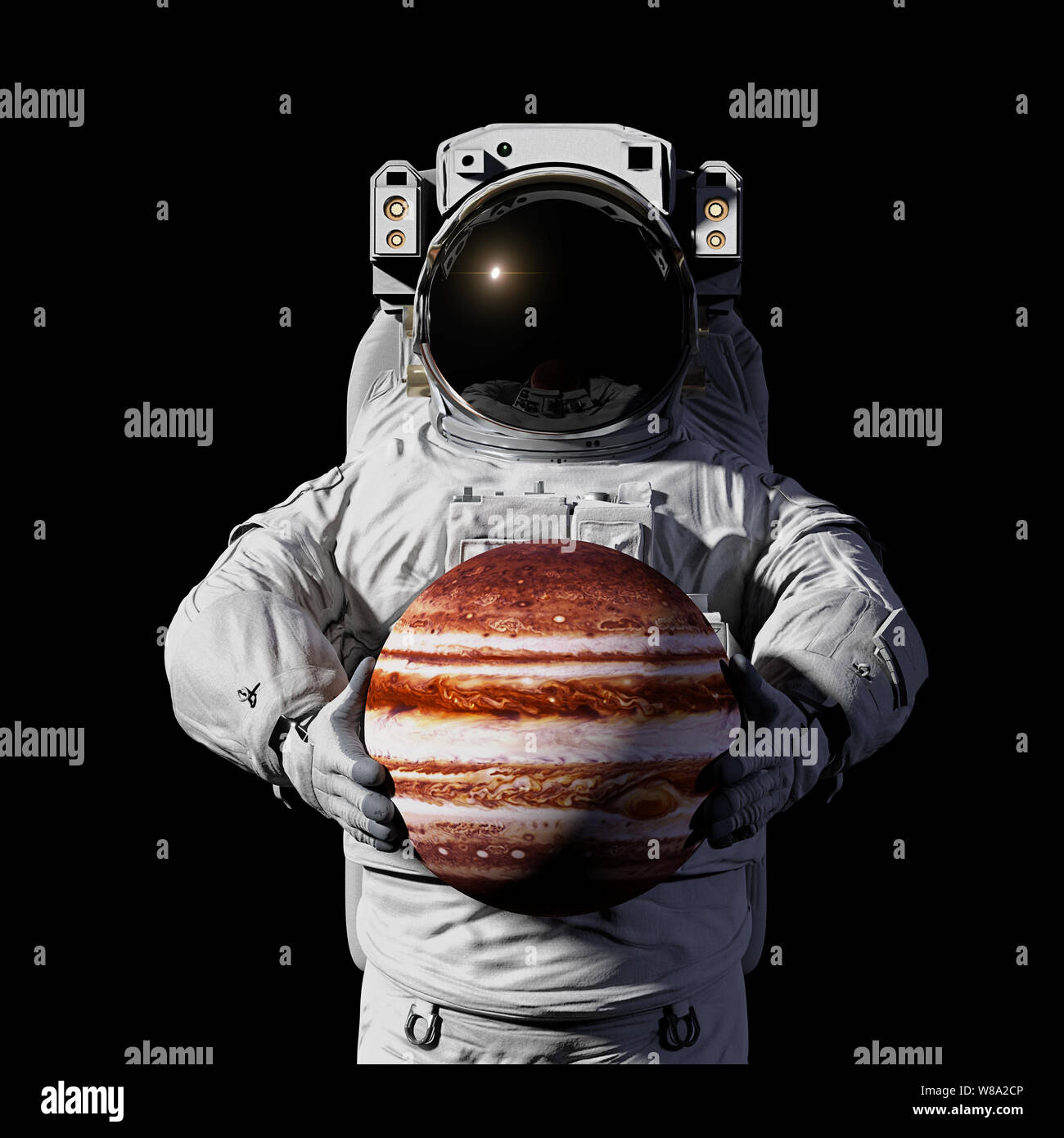 Astronaut holding Planeten Jupiter, auf schwarzem Hintergrund Stockfoto