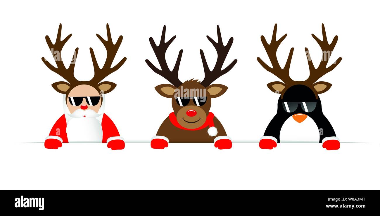 Lustige Weihnachten cartoon mit niedlichen Rentier santa claus und Pinguin mit Sonnenbrille und Geweih Vektor-illustration EPS 10. Stock Vektor