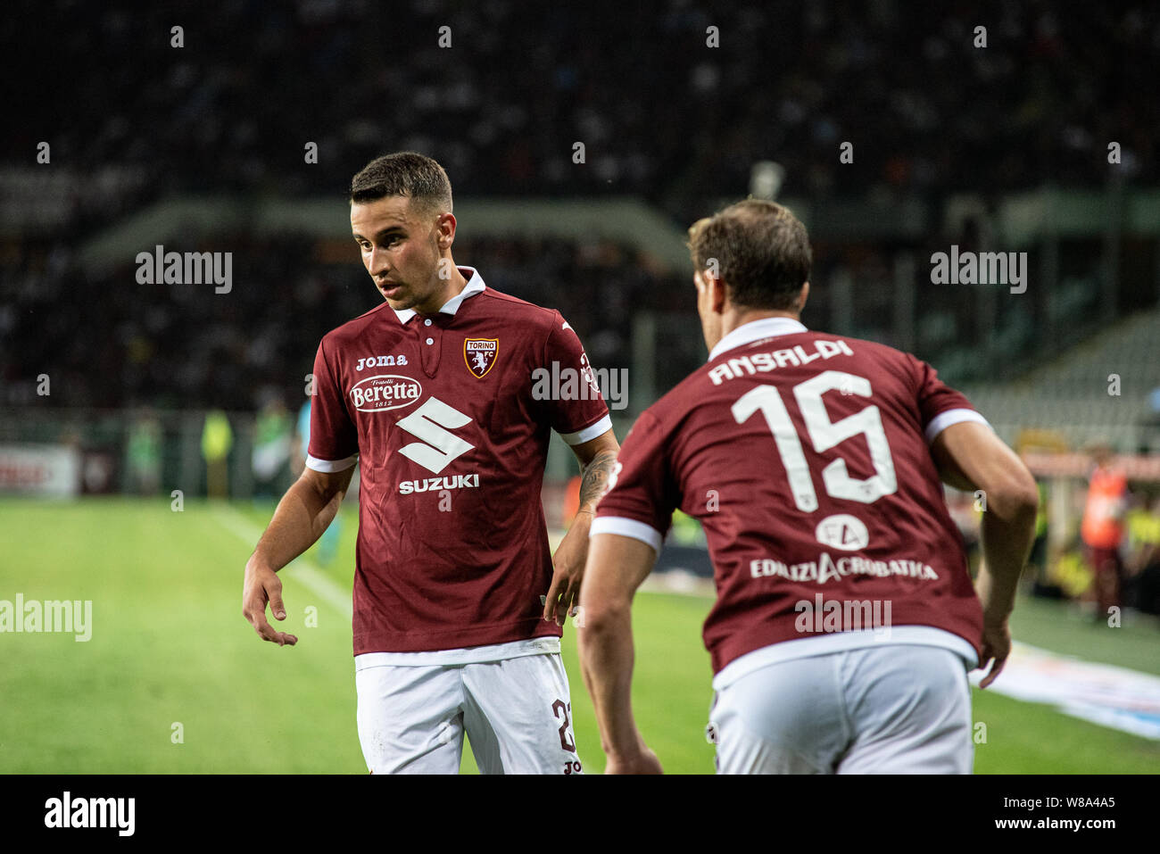 Alex Berenguer von Torino FC in Aktion während der UEFA Europa League dritte Qualifying Runde Fußballspiel zwischen Torino FC und Shakhtyor Soligorsk. T Stockfoto