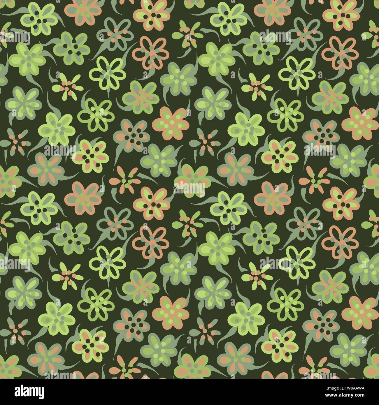 Die nahtlose Vektor Muster mit einfachen grünen Blumen auf einem dunklen Hintergrund Stock Vektor