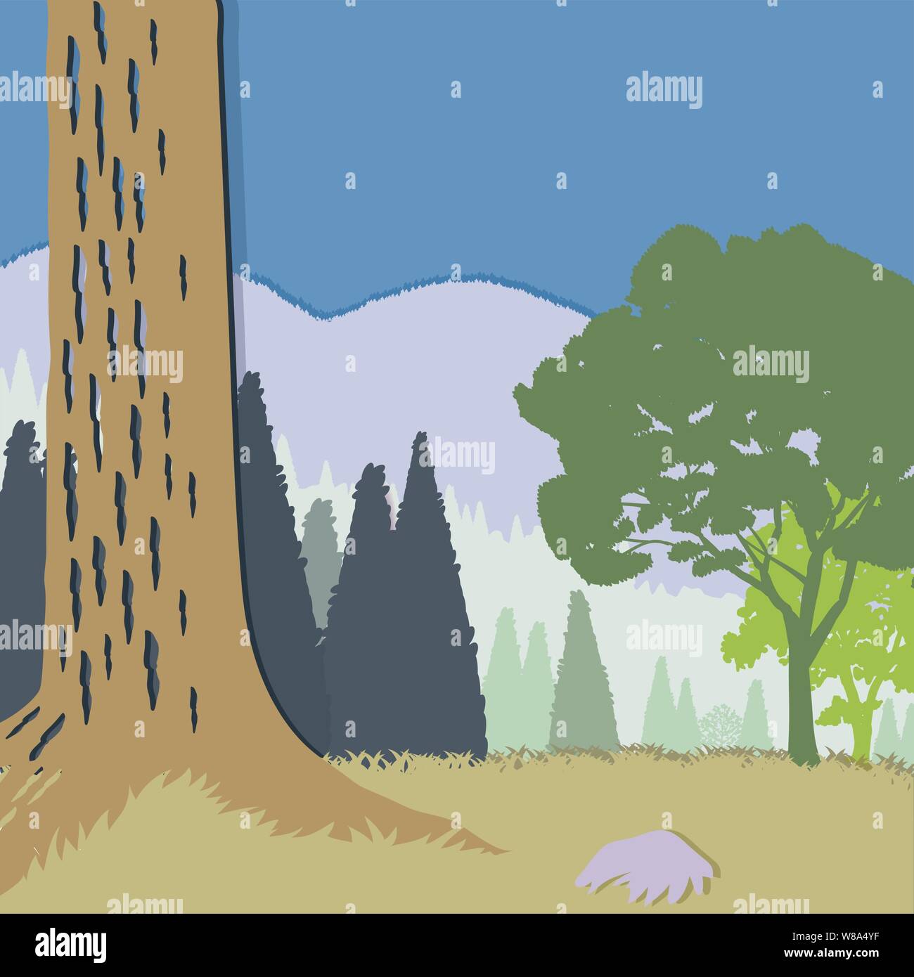 Schneiden Sie das Papier Wald in Farbe mit Bergen und den Stamm eines großen Baum und ein Stein im Vordergrund. Beide Laub- und Nadelgehölze und Berge Stock Vektor