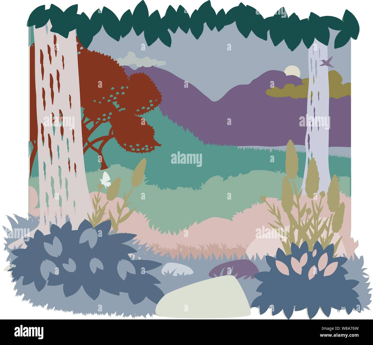 Schneiden Sie das Papier Wald in Farbe mit Bergen und den Stamm eines großen Baum und ein Stein im Vordergrund. Beide Laub- und Nadelgehölze und Berge Stock Vektor