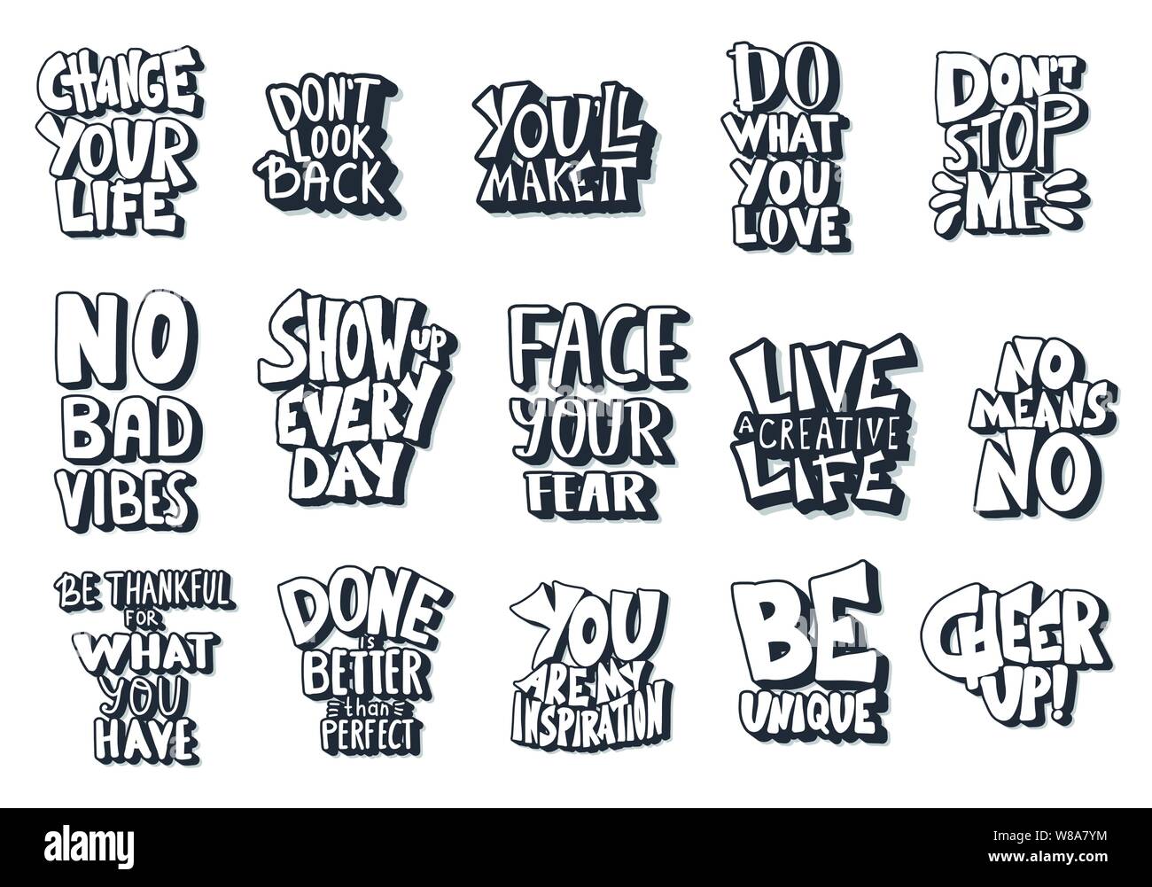 Satz von Anführungszeichen isoliert. Motivierende handdrawn Schriftzug Collection. Inspirierend Plakat stilisierte Phrasen. Vector schwarz und weiß text Design sammeln Stock Vektor