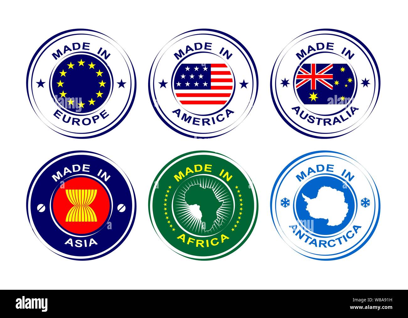 Sammlung von Runde Etiketten Hergestellt in Europa, Amerika, Afrika, Australien, Asien, Antarktis mit Flaggen Stock Vektor