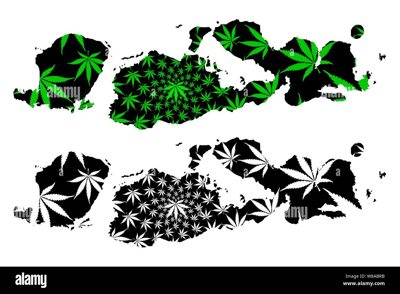 West Nusa Tenggara (Unterteilungen von Indonesien, Provinzen) Karte cannabis Blatt grün und schwarz, Nusa Tenggara Barat (Kleine Sunda Inseln) ma ausgelegt ist Stock Vektor