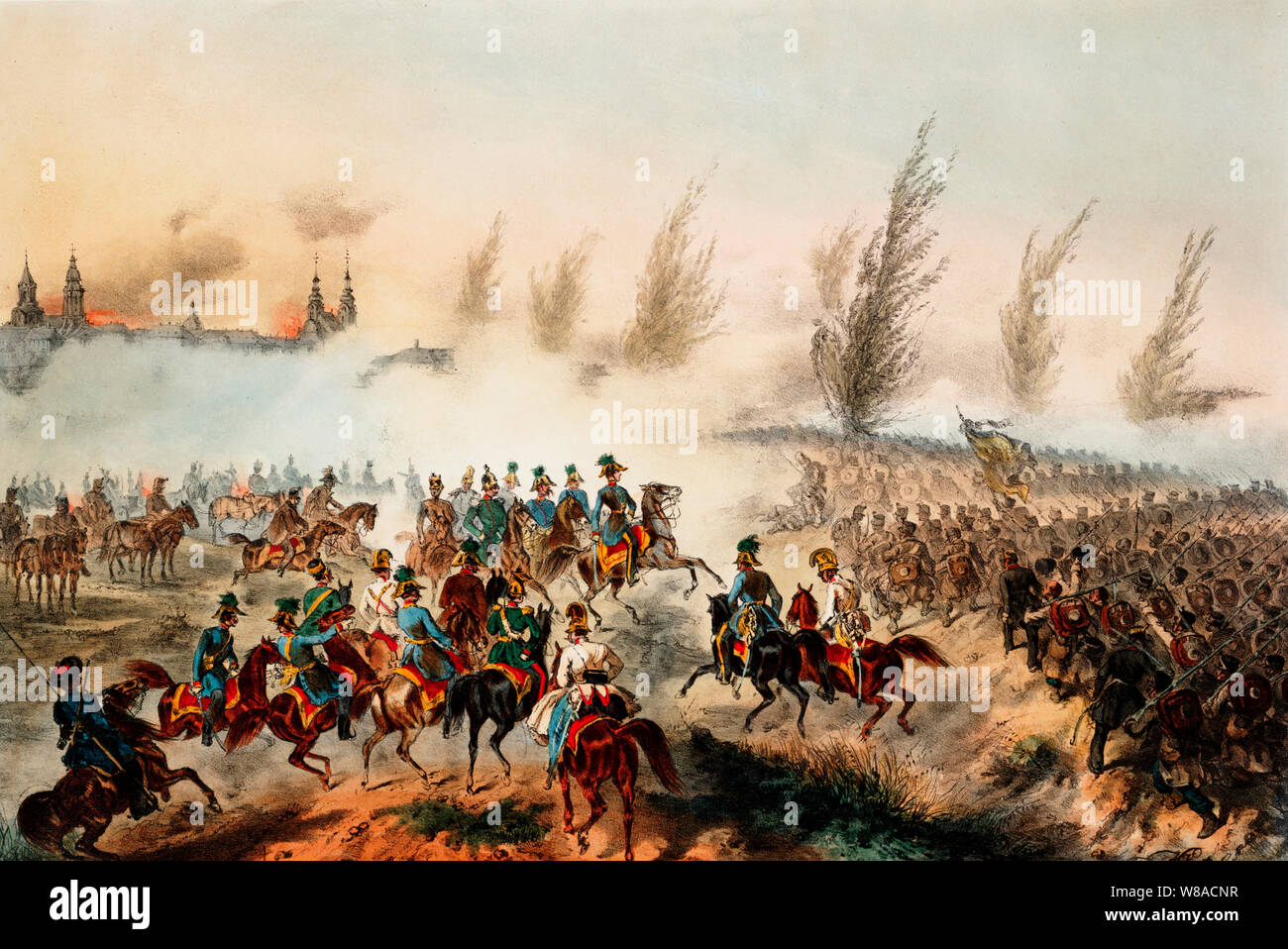 Schlacht von Györ vom 28. Juni 1848 von Vinzenz Katzler. Kaiser Franz Joseph I. von Österreich tritt in Györ führenden die Österreichischen Truppen. Vinzenz Katzler Stockfoto