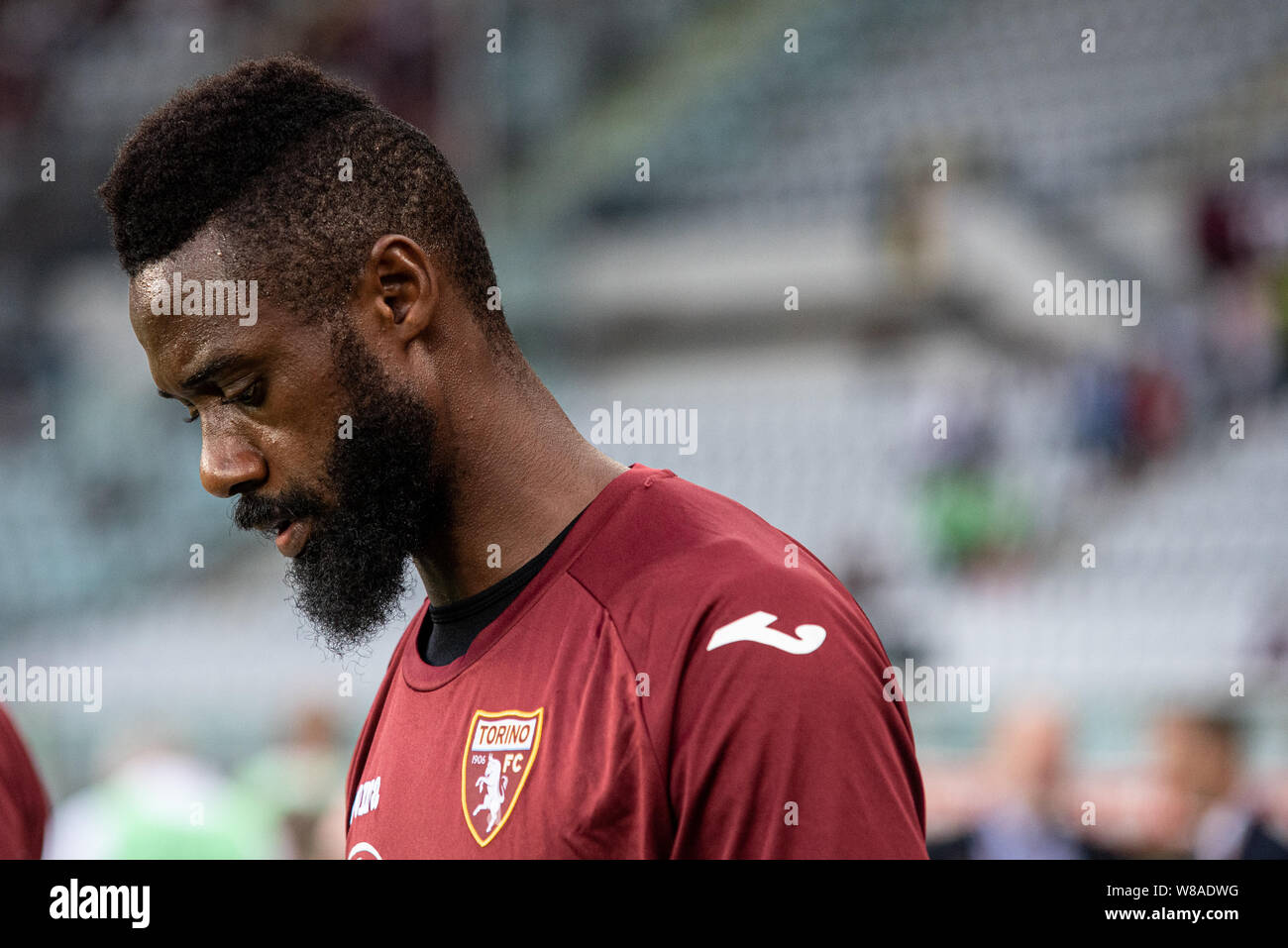 Turin, Italien. 08 Aug, 2019. Nicolas Nkoulou während der UEFA Europa League dritte Qualifying Runde Fußballspiel zwischen Torino FC und Shakhtyor Soligorsk. Torino FC gewann 5-0 gegen Shakhtyor Soligorsk im Stadio Olimpico Grande Torino in Italien Turin, 8. August 2019 (Foto von Alberto Gandolfo/Pacific Press) Quelle: Pacific Press Agency/Alamy leben Nachrichten Stockfoto