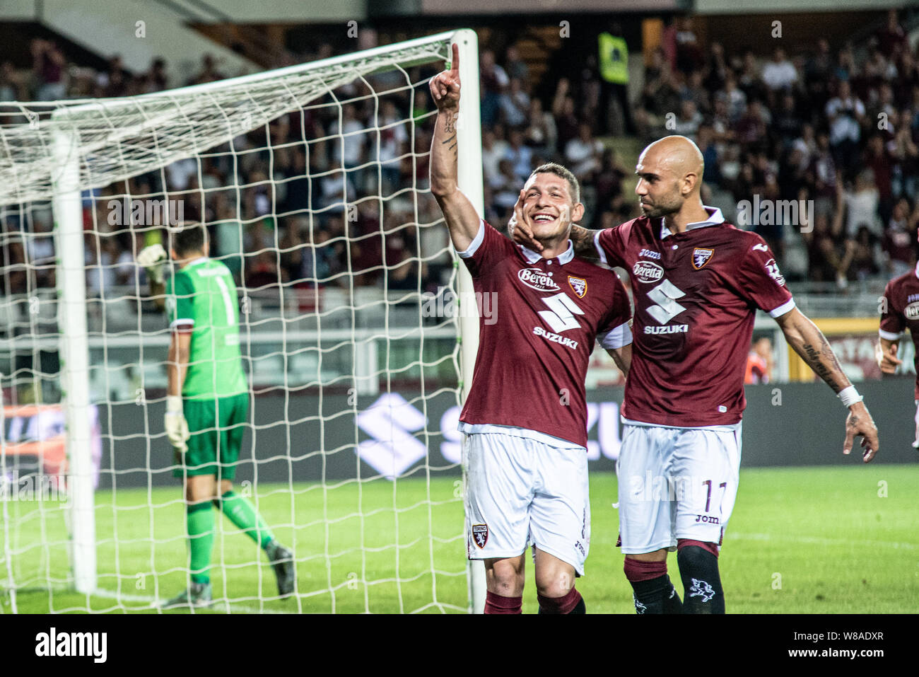 Turin, Italien. 08 Aug, 2019. Andrea Belotti von Torino FC feiert während der UEFA Europa League dritte Qualifying Runde Fußballspiel zwischen Torino FC und Shakhtyor Soligorsk. Torino FC gewann 5-0 gegen Shakhtyor Soligorsk im Stadio Olimpico Grande Torino in Italien Turin, 8. August 2019 (Foto von Alberto Gandolfo/Pacific Press) Quelle: Pacific Press Agency/Alamy leben Nachrichten Stockfoto