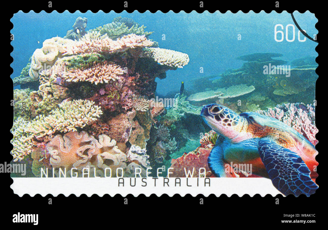 Australien - ca. 2013: eine stornierte Briefmarke aus Australien die Australische Landschaft des Ningaloo Reef, WA, 2013 ausgestellt. Stockfoto
