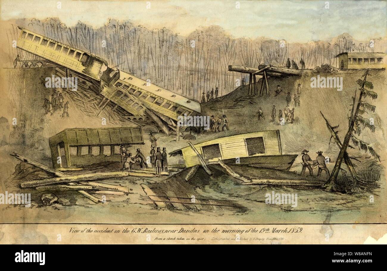 Darstellung der Bahn Unfall 1859 in der Nähe von Dundas, Ontario. Stockfoto