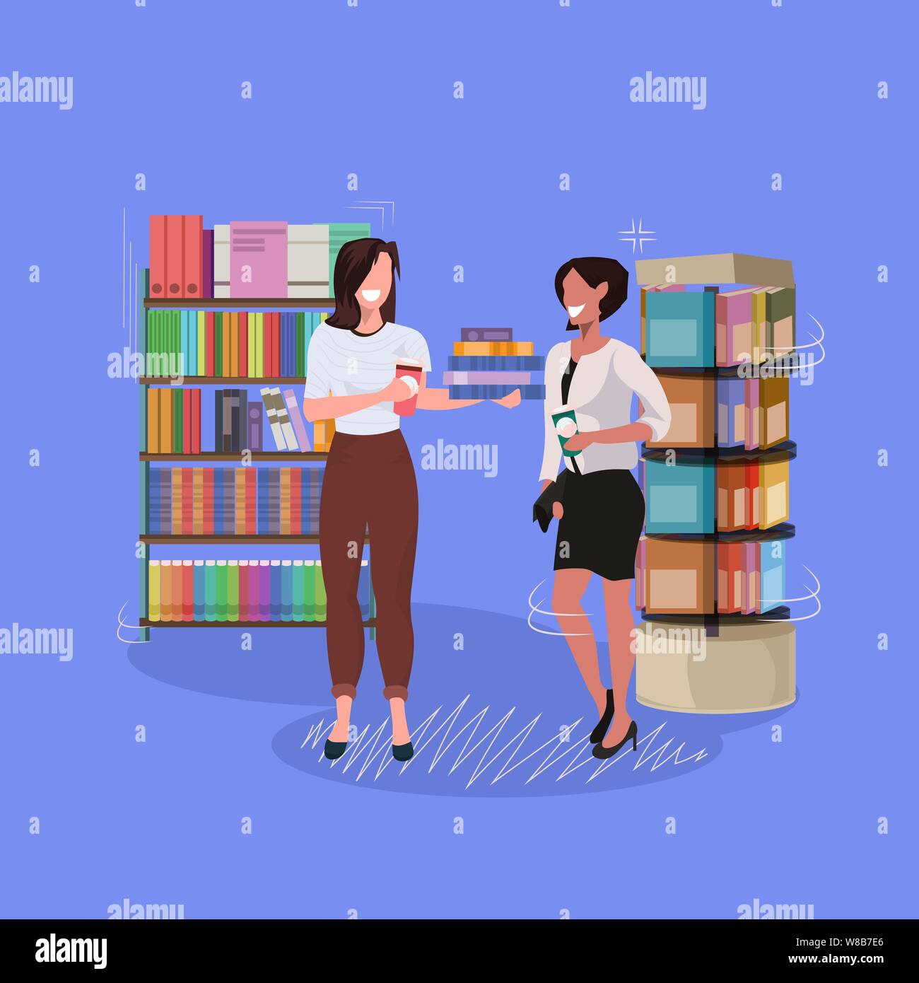 Studenten Paar in der Nähe von Bücherregal mix Rennen Frauen Bücher zum Lesen Bibliothek oder Buchhandlung Besucher diskutieren während der Sitzung Flachbild volle le Stock Vektor