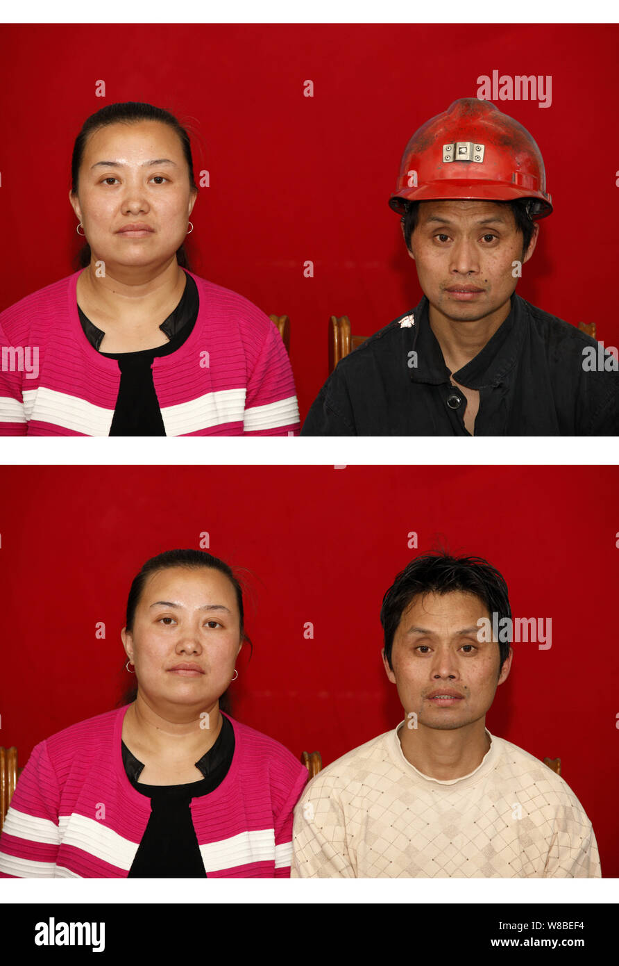 Das Bild zeigt Fotos von einem Chinesischen coal Miner und seine Frau nach und bevor er sich in einer Kohlengrube in Stadt Huaibei, Osten Chinas Stockfoto