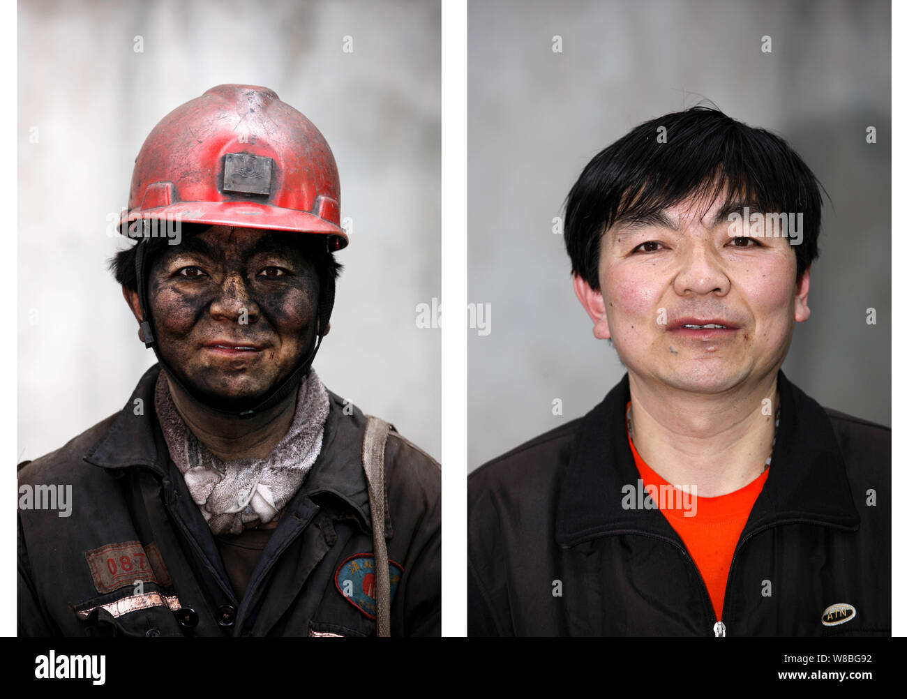 Das Bild zeigt eine chinesische coal Miner vor und nach einem Bad in einer Kohlengrube in Stadt Huaibei, der ostchinesischen Provinz Anhui, 18. Mai 2. Stockfoto