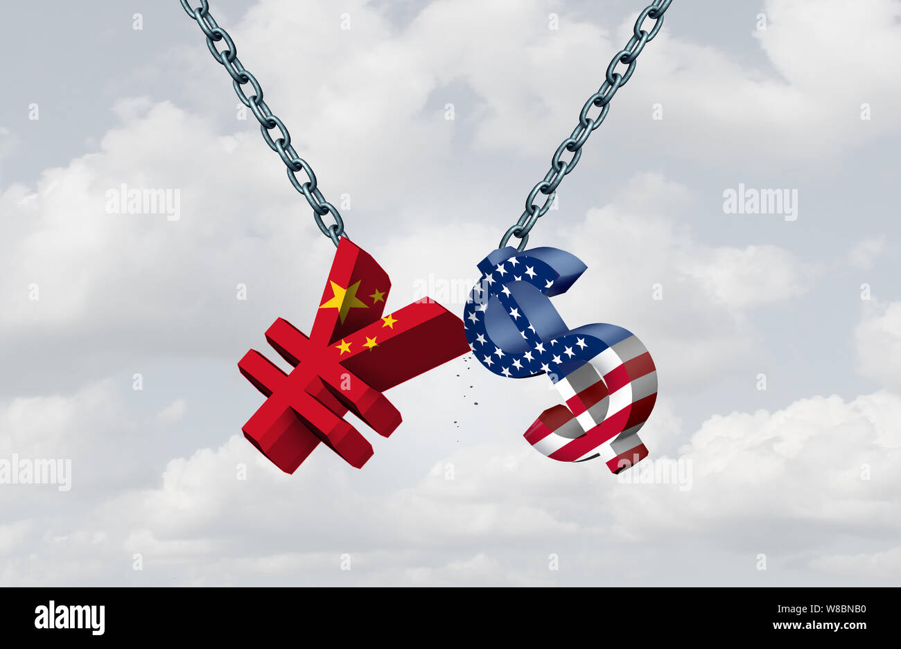 China USA Währung Krieg als Chinese Yuan Symbol in Konflikt mit dem amerikanischen Dollar Symbol wie ein handelsstreit Konzept als 3D-Darstellung. Stockfoto