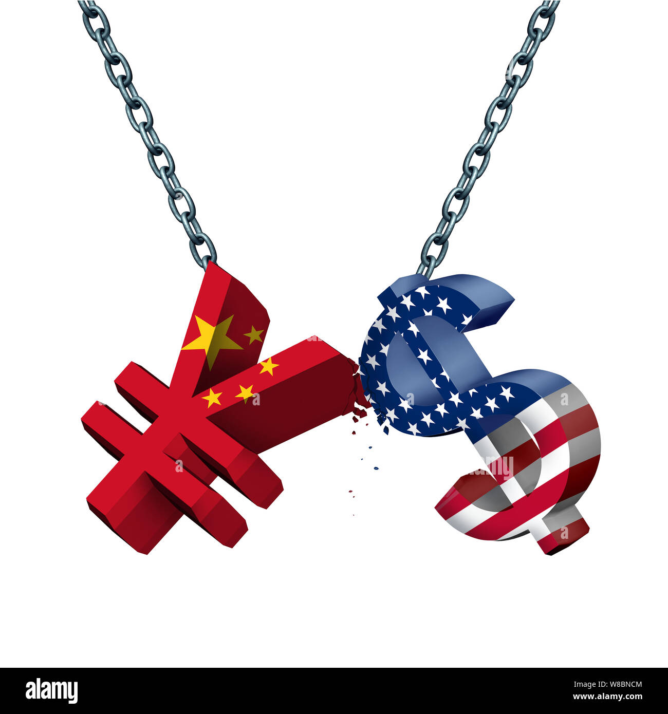 China Vereinigte Staaten Währung Krieg als Chinese Yuan Symbol in Konflikt mit dem amerikanischen Dollar Symbol wie ein handelsstreit Konzept als 3D-Darstellung. Stockfoto