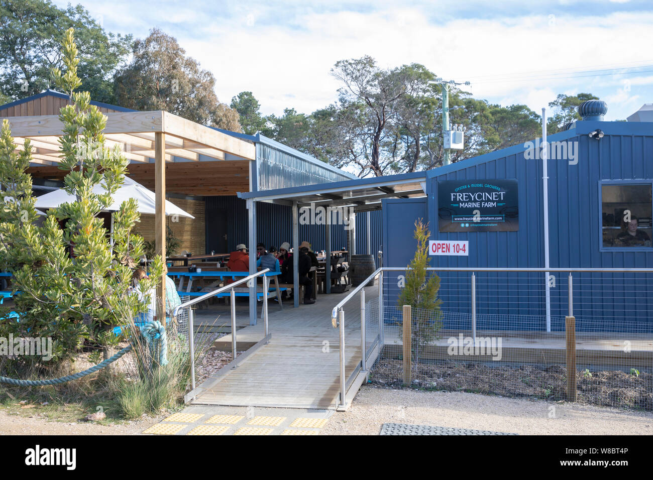 Freycinet marine Farm für frische Meeresfrüchte wie Austern im Marine Café, Freycinet Nationalpark, Tasmanien, Australien Stockfoto