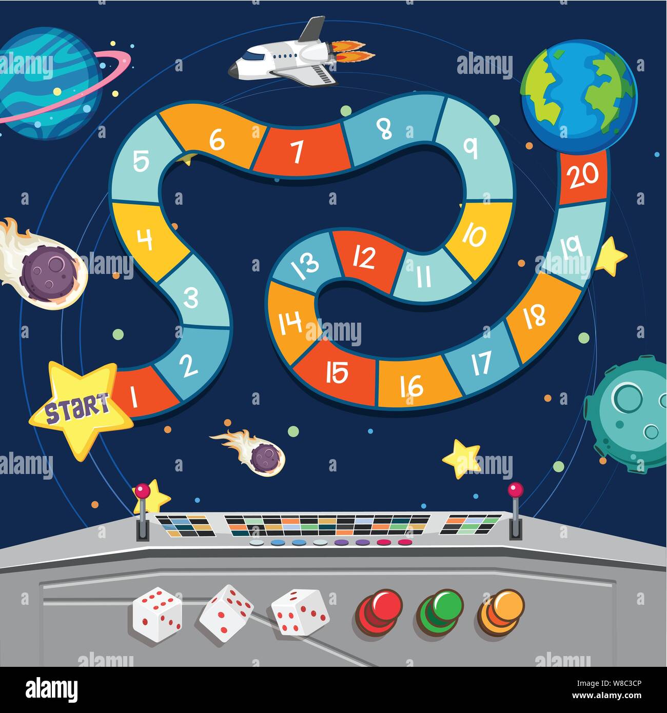 Brettspiel mit Erde und Planeten im Weltraum Abbildung Stock Vektor