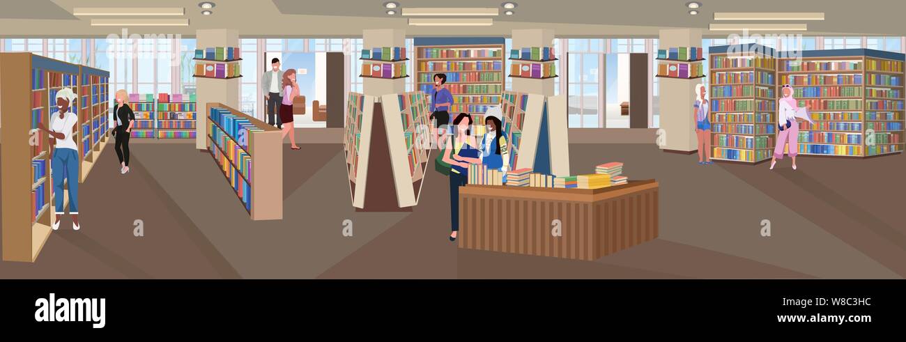 Mix rennen Leute Bücher lesen Männer Frauen besuch Buchhandlung mit Bücherregalen moderne Bibliothek inneren flachen horizontalen Panoramablick voller Länge Vektor Stock Vektor