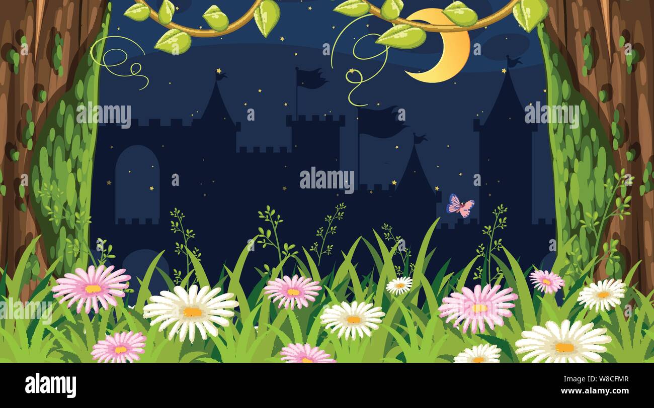 Hintergrund Gestaltung Der Landschaft Mit Garten Bei Nacht Abbildung Stock Vektorgrafik Alamy