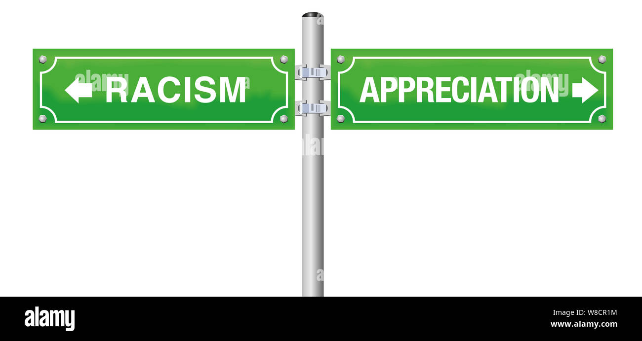 Rassismus Wertschätzung Road Sign. Symbol gegen Fremdenfeindlichkeit, Diskriminierung, Mobbing, Vorurteile und Gewalt - Abbildung auf weißem Hintergrund. Stockfoto