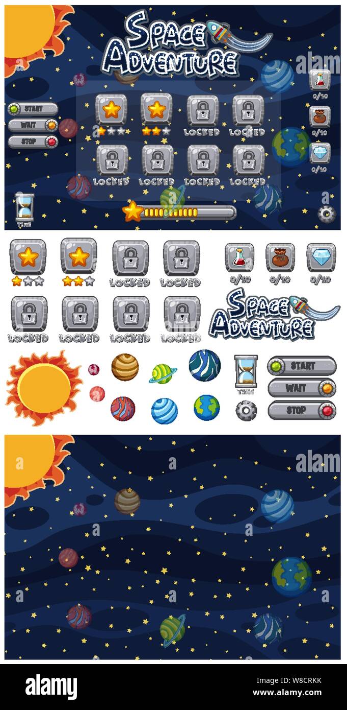 Satz von space Adventure Spiel mit Planeten im Weltraum Abbildung Stock Vektor