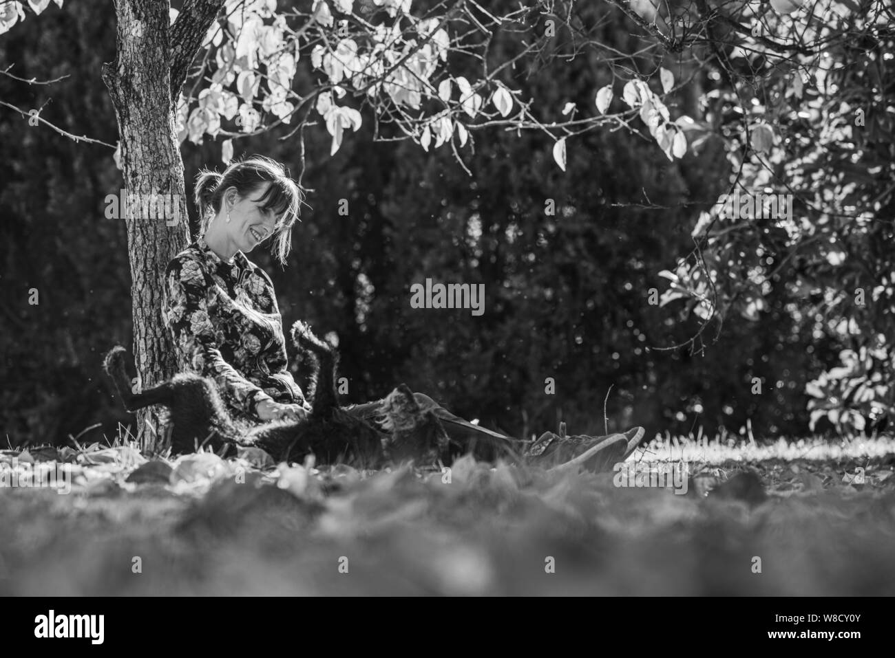 Monochromes Bild der jungen Frau unter einem Herbst Baum liebevoll ihren schwarzen Hund streicheln auf dem Rücken liegend im Gras sitzen. Stockfoto