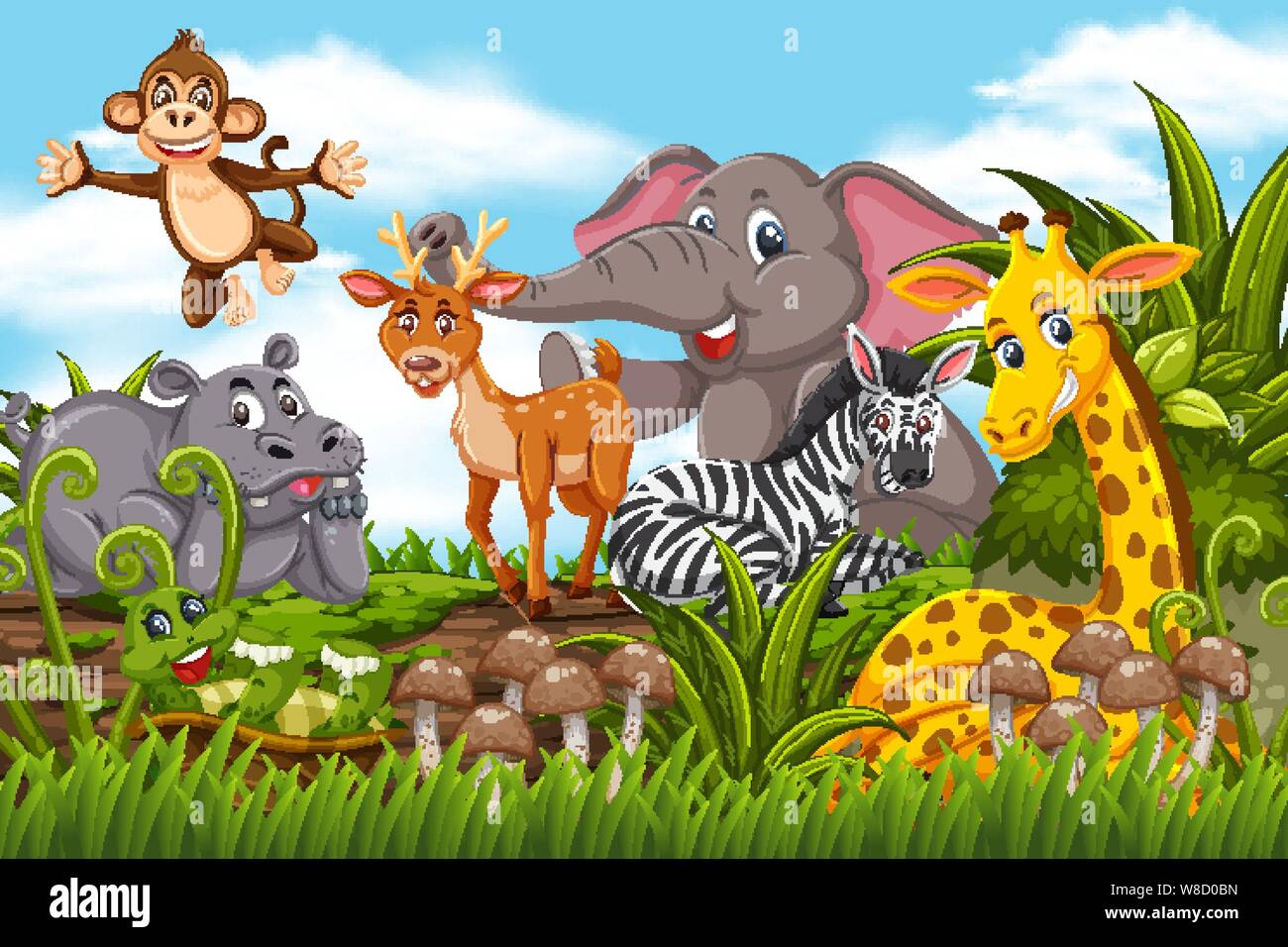 Glückliche Tiere im Dschungel Szene Abbildung Stock Vektor