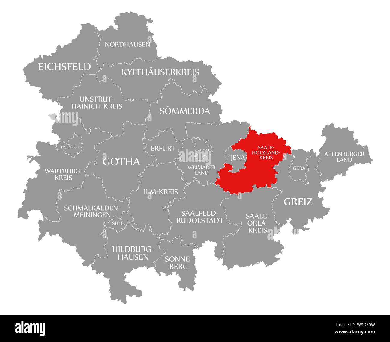 Saale-Holzland-Kreis rot hervorgehoben Karte von Thüringen, Deutschland Stockfoto