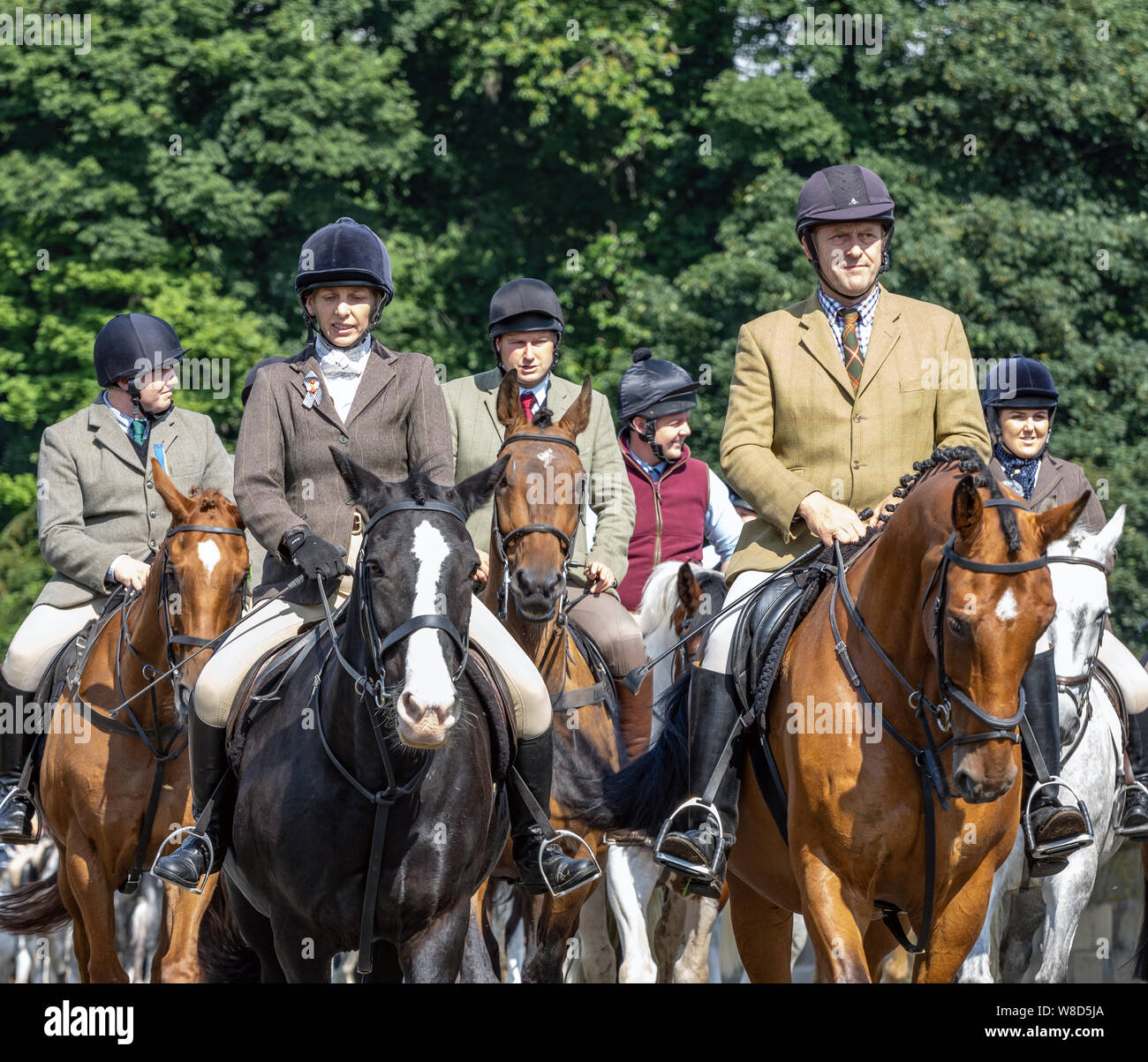 Coldstream, Scottish Borders, Schottland, Großbritannien. 8. August 2019. Rund 300 Reiter nahmen an der Fahrt Flodden, in Erinnerung an die Schlacht bei Flodden, 1513. Stockfoto