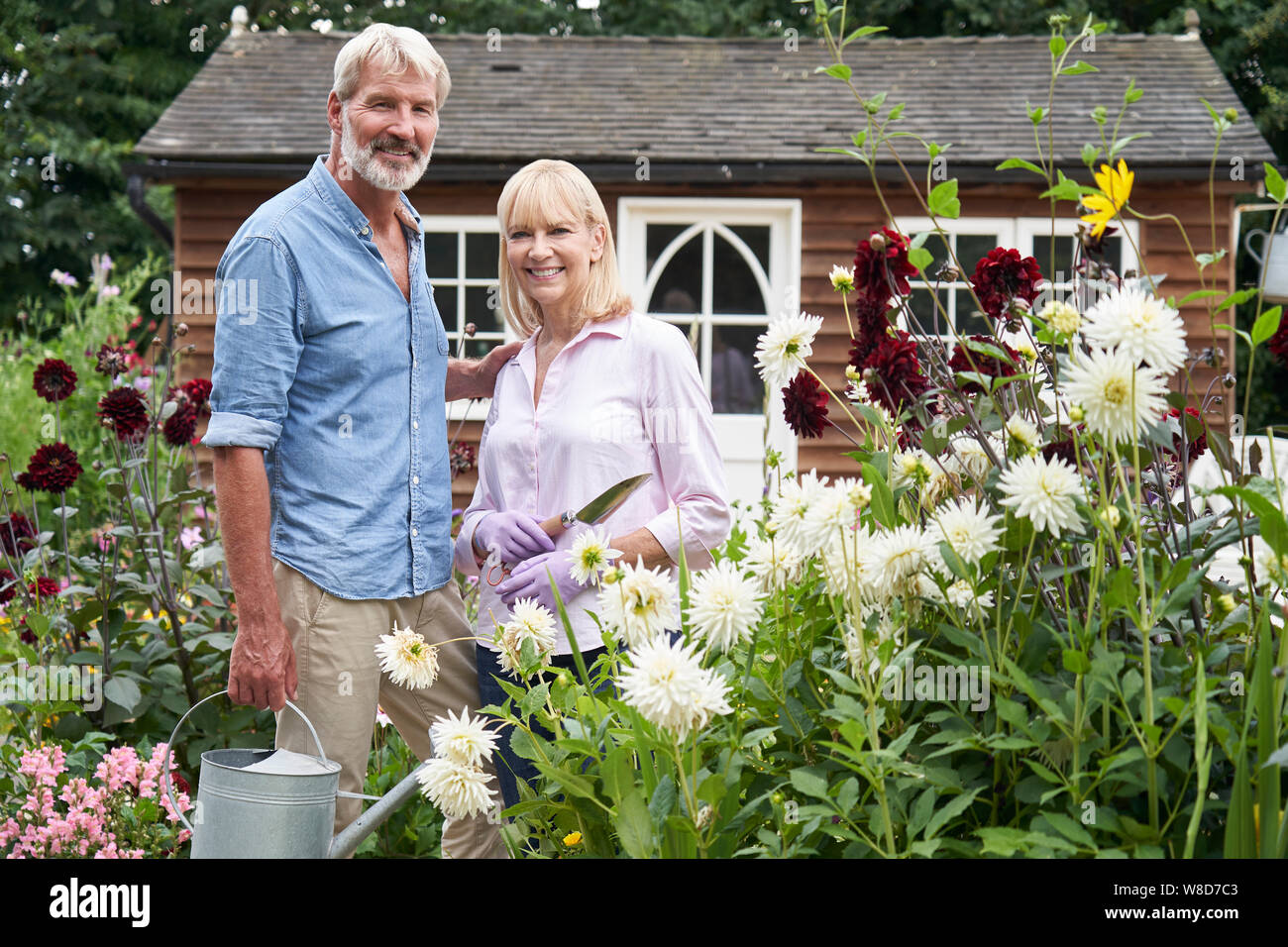 Portrait von Reifes Paar Arbeiten in Blumenbeete im Garten zu Hause Stockfoto