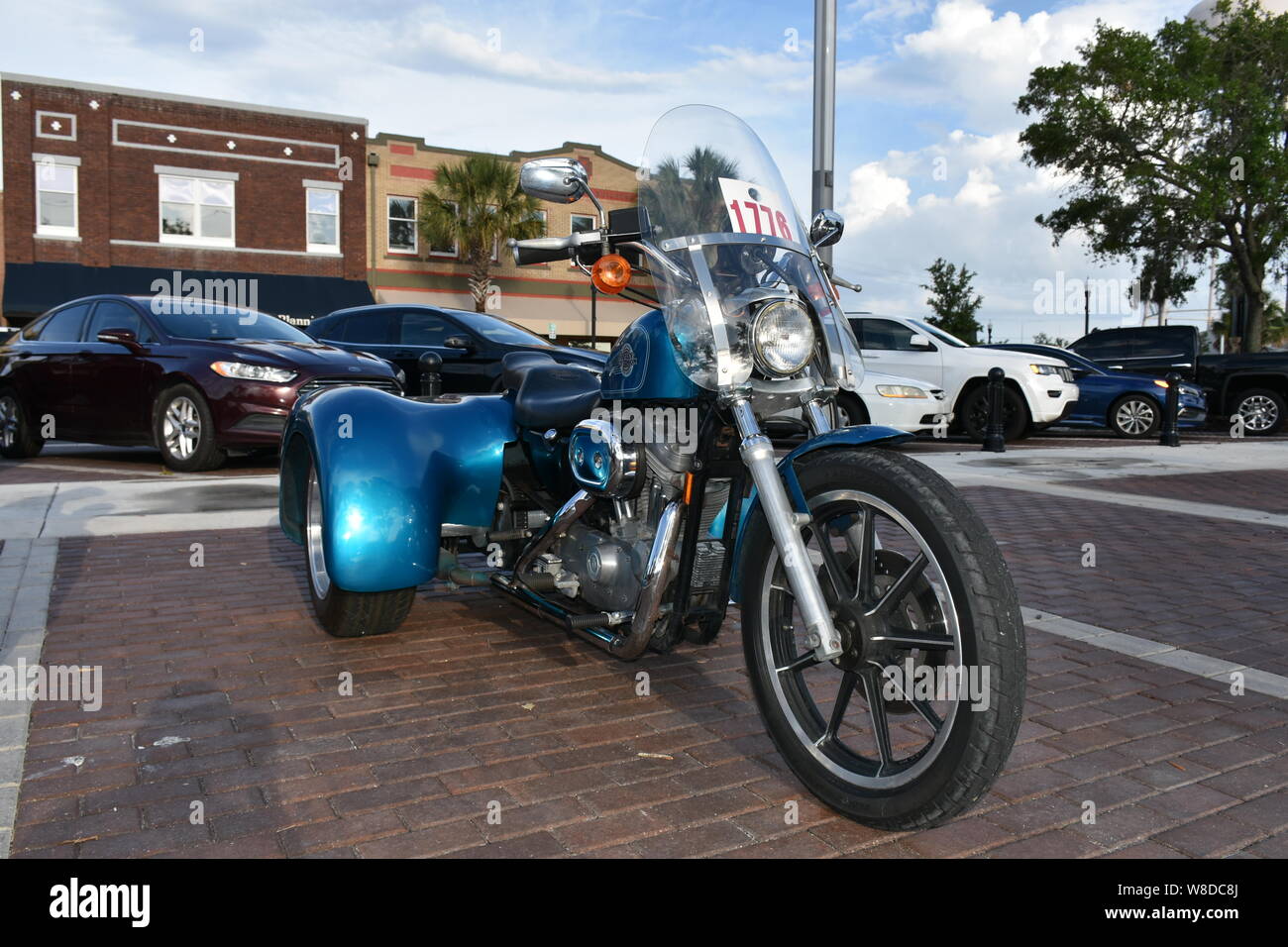 Diese Bilder eines Harley Davidson Trike wurden an den Cruisin' Winter Haven, Florida monatliche Auto Show im Mai 2019 übernommen. Stockfoto