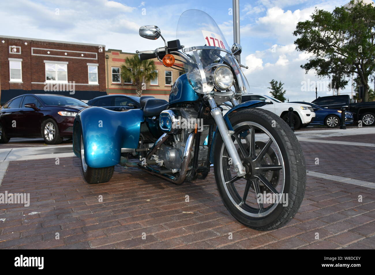 Diese Bilder eines Harley Davidson Trike wurden an den Cruisin' Winter Haven, Florida monatliche Auto Show im Mai 2019 übernommen. Stockfoto