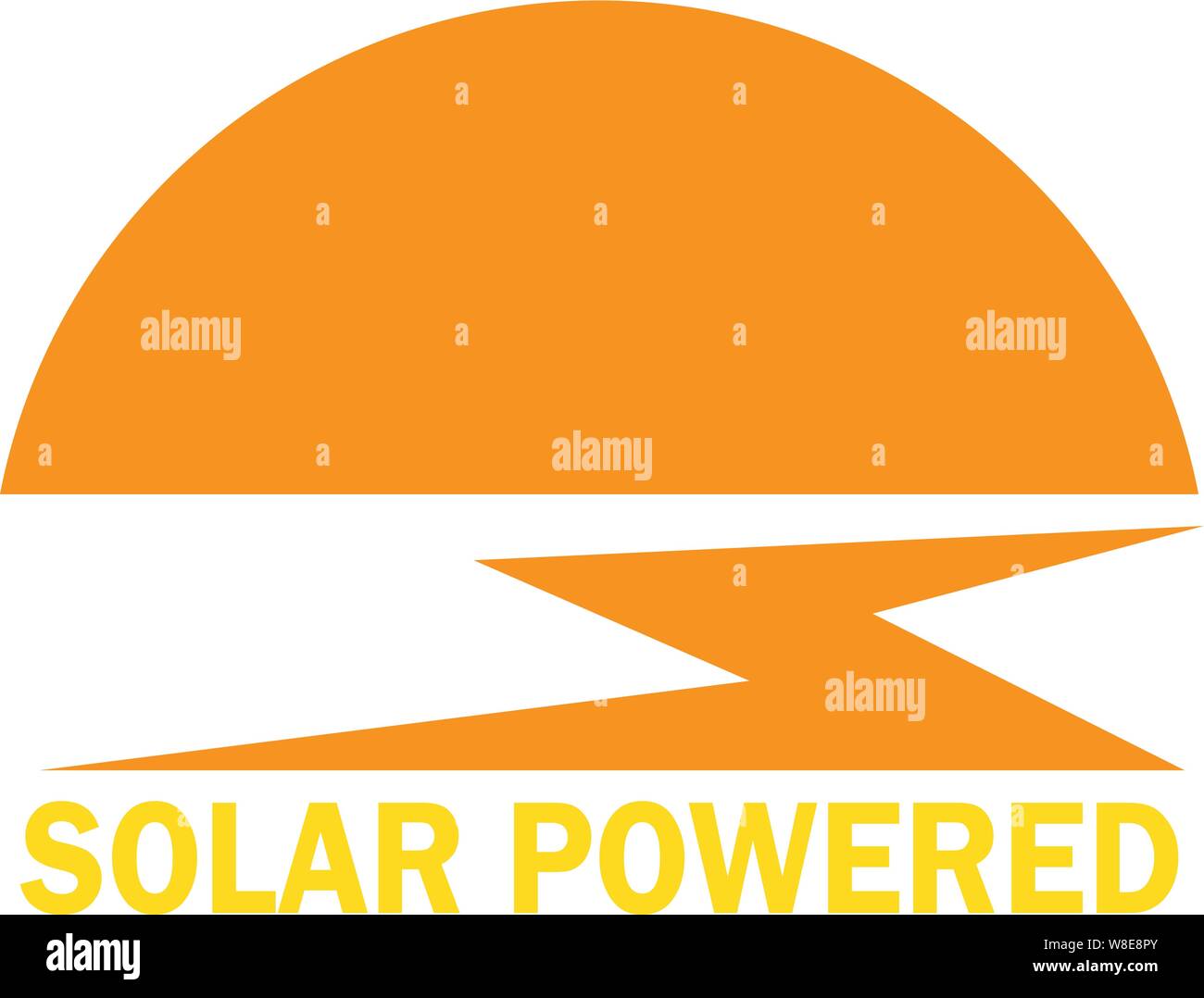 Solar Logo mit Strom versorgt. Die untergehende Sonne und einem Blitz oder Sonnenuntergang beleuchtet Bach/Fluss führt zu olar die Worte "Powered" Stock Vektor