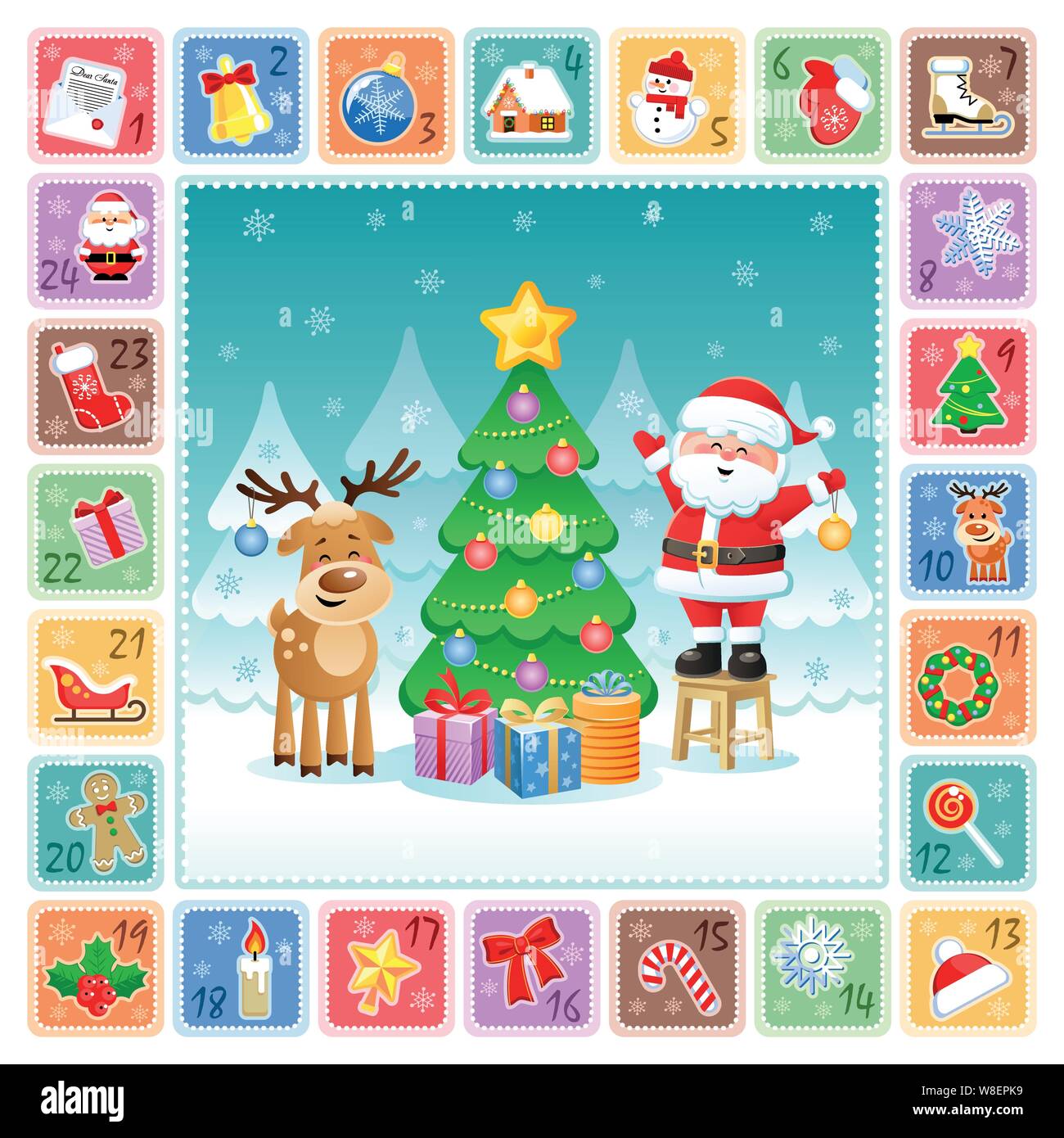 Weihnachten Adventskalender mit niedlichen Santa Claus, Rotwild und Weihnachtsschmuck. Vector Illustration. Flache Bauweise ohne Transparenz. Stock Vektor