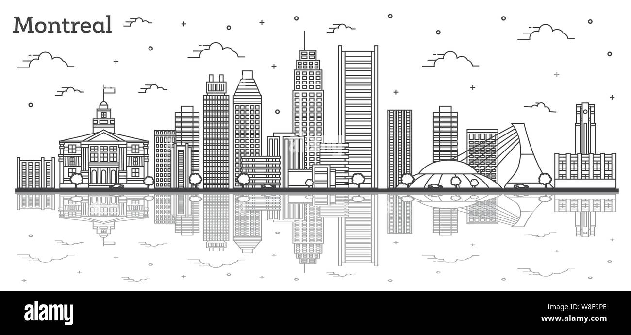 Überblick Montreal Kanada Skyline der Stadt mit modernen Gebäuden und Reflexionen isoliert auf Weiss. Vector Illustration. Montreal Stadtbild mit Sehenswürdigkeiten. Stock Vektor