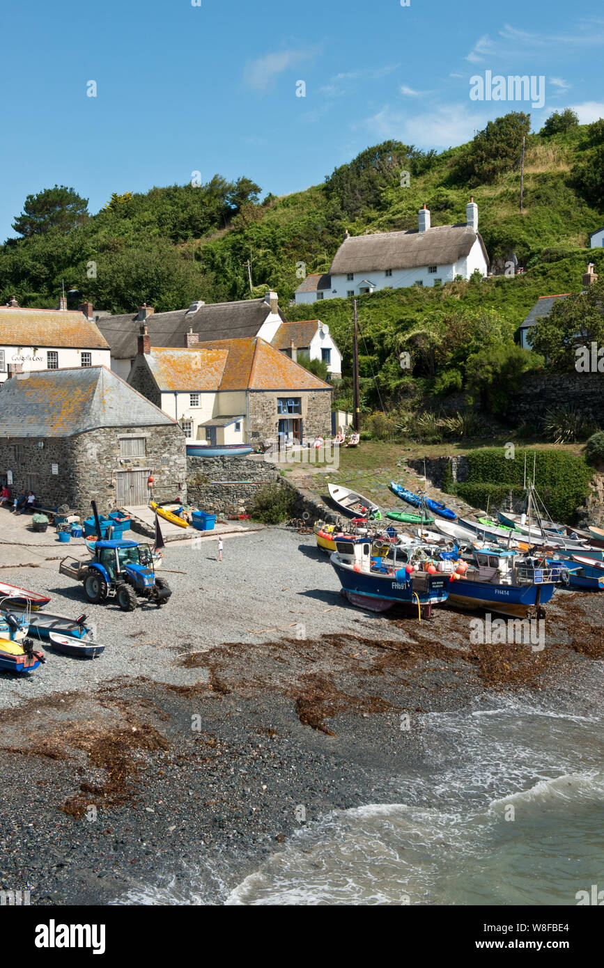 Fischerboote auf dem Kieselstrand von Cadgwith Cove, Cornwall, England Stockfoto