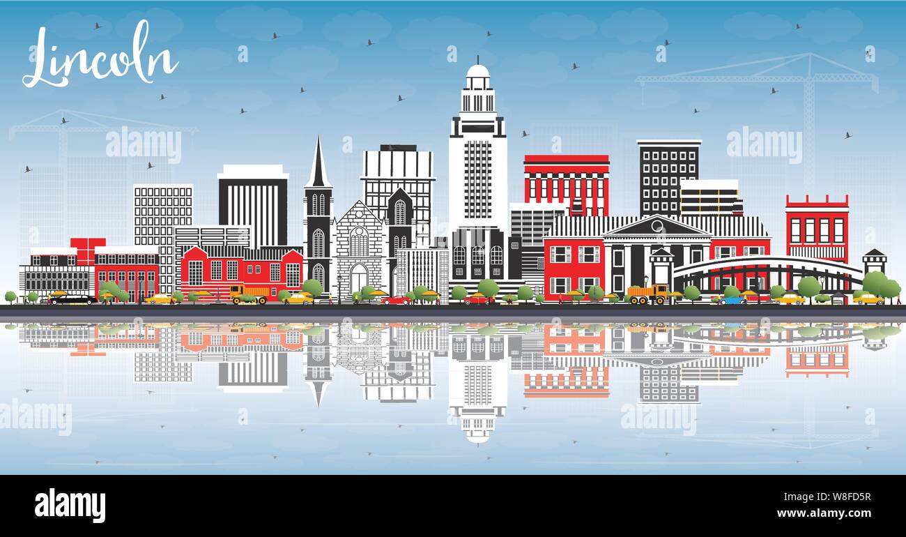 Lincoln Nebraska City Skyline mit Farbe Gebäude, blauer Himmel und Reflexionen. Vector Illustration. Business Travel und Tourismus Konzept mit historischen EIN Stock Vektor
