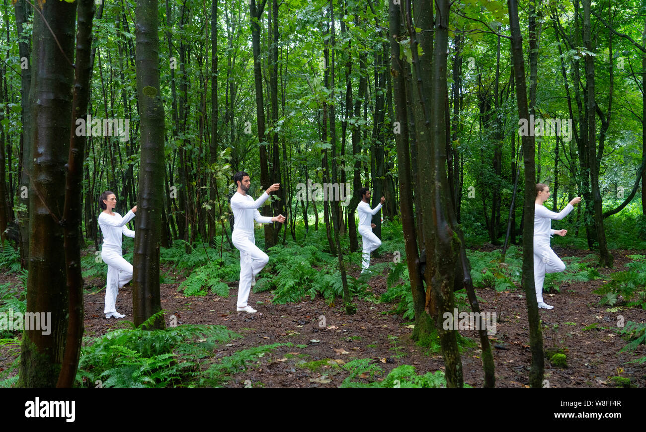 Edinburgh, Schottland, Großbritannien. 9. August 2019. Trisha Brown: Im Klartext Website reconceives einige der schönsten kurzen Tanz der US-choreograph Stücke in dynamischen Beziehungen mit der zauberhaften Landschaft von Jupiter Artland - auf schwimmende Flöße in Seen Charles Jencks', wie sie in der reichen Wäldern und sculpted landforms. Kredit; Iain Masterton/Alamy leben Nachrichten Stockfoto