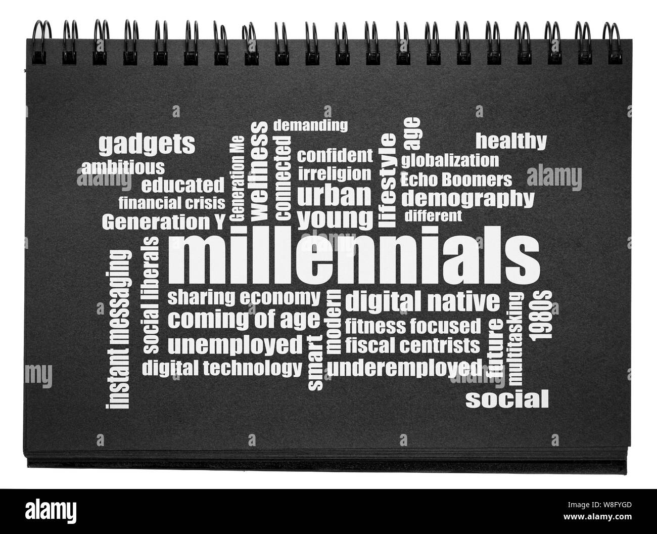 Millennials generation word Cloud, Demografie Konzept - weißer Text in einer isolierten schwarzes Papier Skizzenbuch Stockfoto