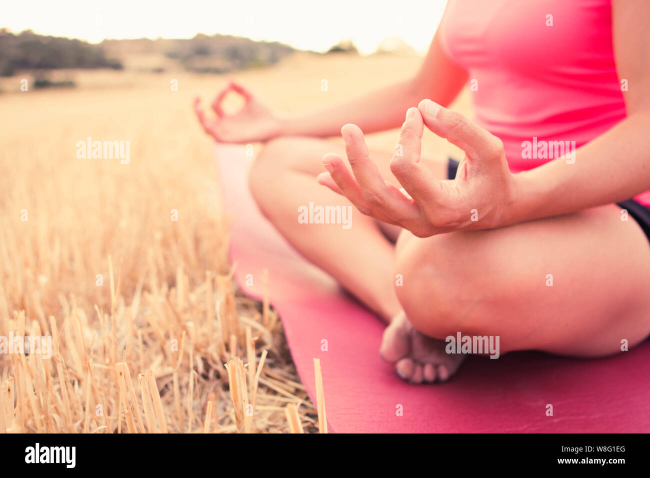 Nahaufnahme der Hand einer jungen Frau tragen sportliche Kleidung meditieren und Yoga in ruhiger Lage, in einem offenen Feld Stockfoto