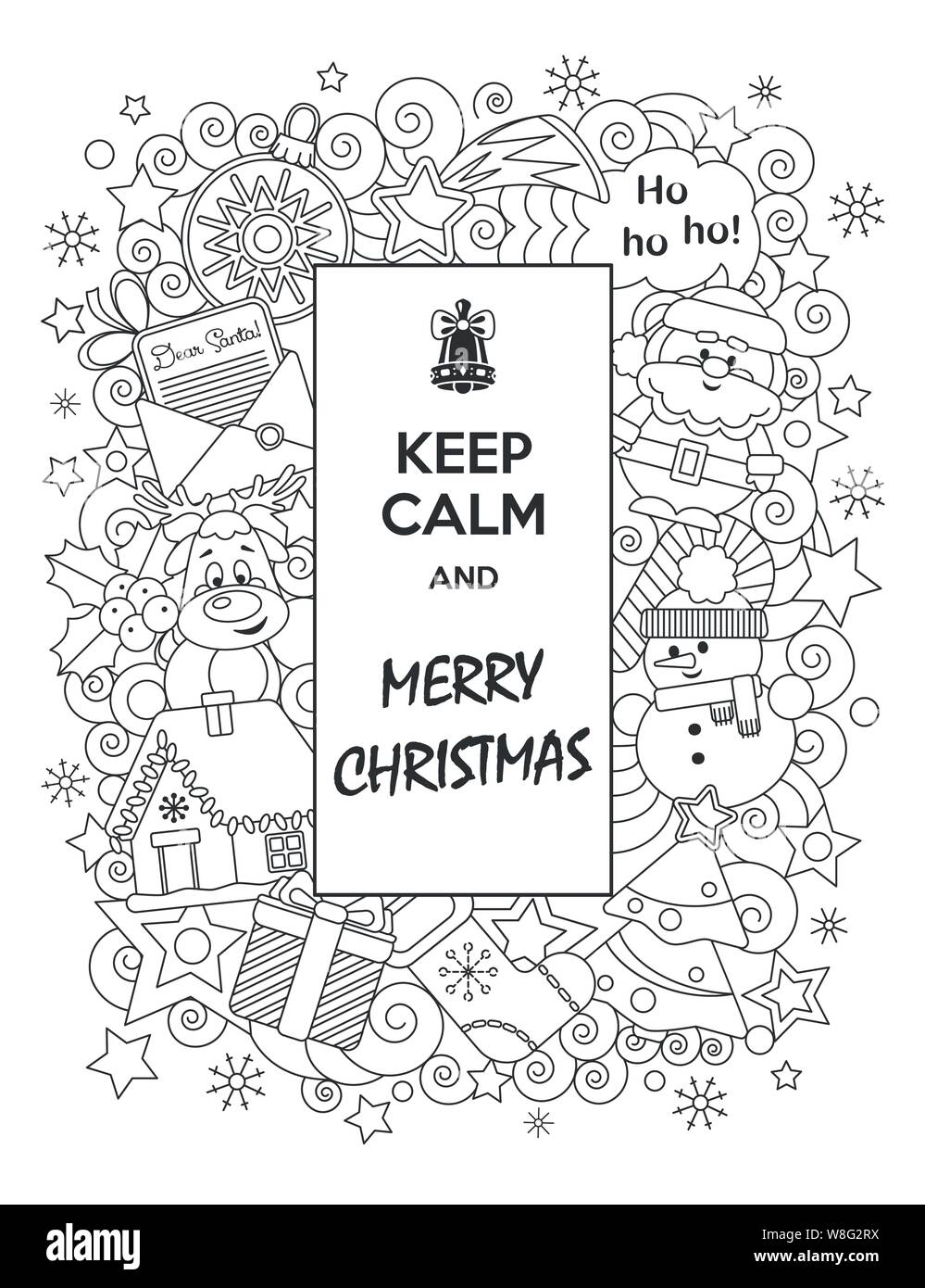 Frohe Weihnachten. Grußkarte Ruhige und fröhliche Weihnachten mit lustigen Cartoon Buchstaben halten. Vector Illustration. Doodles Stil. Stock Vektor