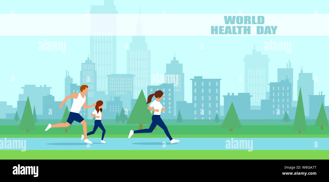 Der Vektor der Menschen eine Familie joggen auf einer Welt Gesundheit Tag auf einem stadtbild Hintergrund Stock Vektor