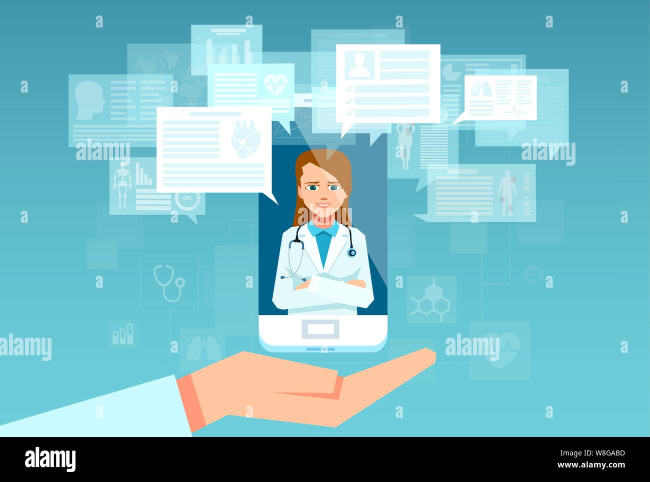 Vektor einer weiblichen Ärztin beantworten Patienten Fragen auf dem Smartphone App. Krankenhaus Support online und mobile Arzt Konzept Stock Vektor