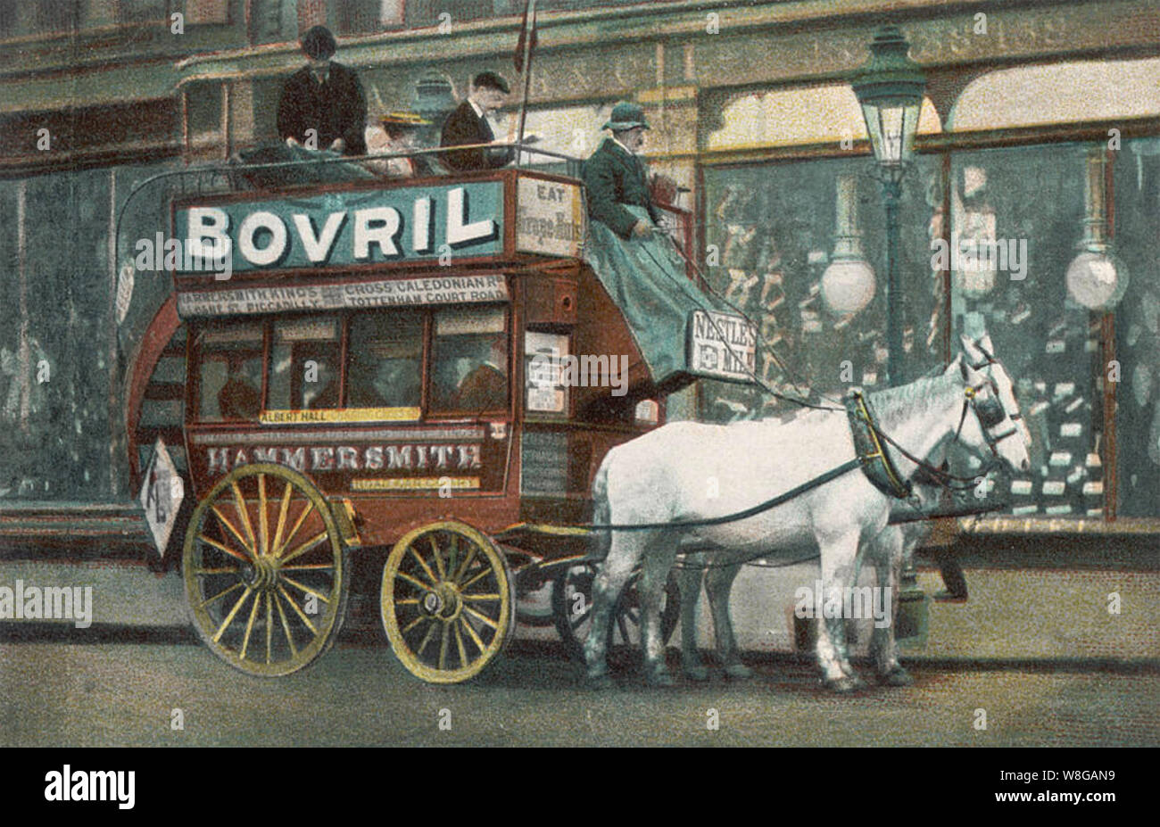 Pferdekutschen LONDON OMNIBUS läuft von der Hammersmith zu Tottenham Court Road um 1905 Stockfoto
