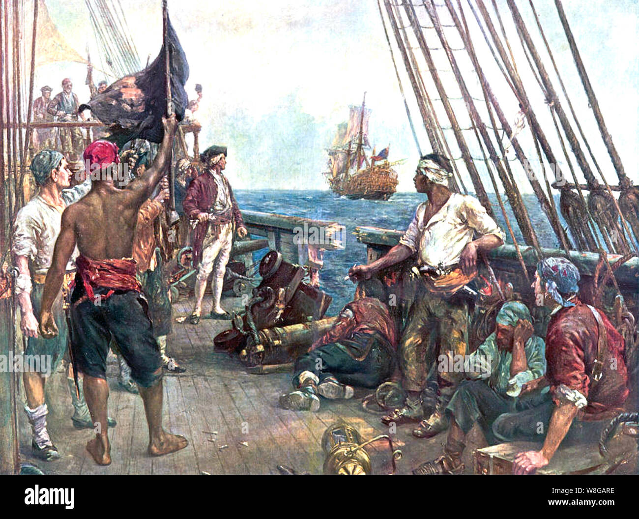 Piraten SHOUT DEFIANCE auf einem Schiff der Royal Navy Stockfoto