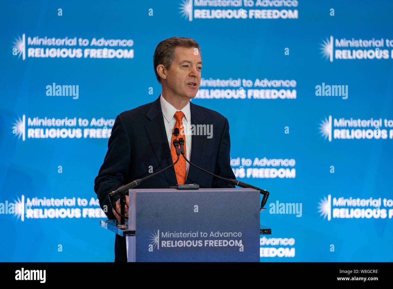 Botschafter für internationale Relgious Freedom Sam Brownback öffnet die Ministerkonferenz, die religiöse Freiheit des US-Außenministeriums Stat Stockfoto