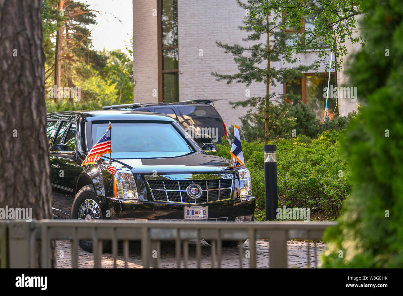 Us-Staatssekretär Michael R. Pompeo en Route zu einem Arbeitsfrühstück mit Präsident Donald J. Trumpf in Helsinki, Finnland am 16. Juli 2018. Stockfoto