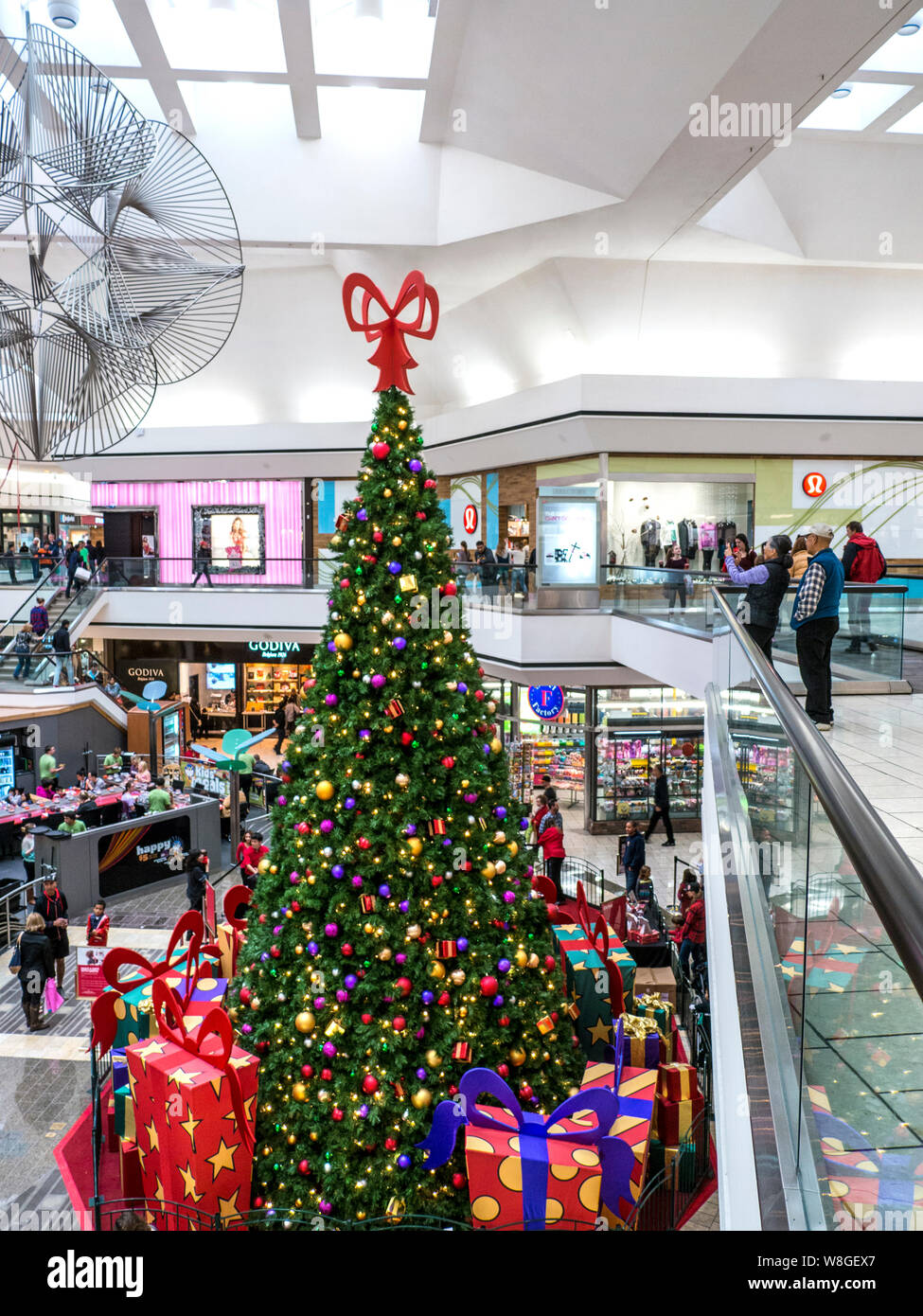 Weihnachtsbaum MACEY'S DEPARTMENT STORE INNENRAUM WEIHNACHTEN Weihnachtsbaum mit wunderschön verpackte Geschenke bei Macey's Store Plaza, Pleasanton Kalifornien USA eingerichtet Stockfoto
